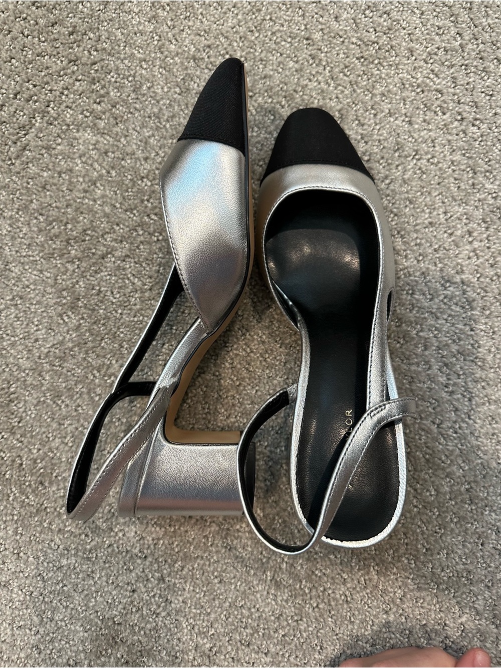 Ann Taylor Silver Slingback Heels with Black Pointed Toe
